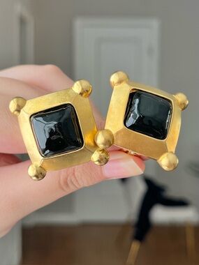 Vintage Karl Lagerfeld Black Poured Glass Matte Gold Pillow Square Clip Earrings